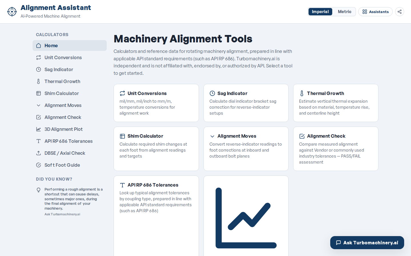 Alignment Assistant — 'Machinery Alignment Tools' page listing Unit Conversions, Sag Indicator, Thermal Growth, Shim Calculator, Alignment Moves, Alignment Check, 3D Alignment Plot, API RP 686 Tolerances.