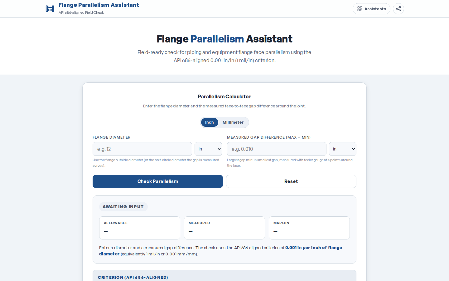 Flange Parallelism Assistant — API 686-aligned field check page.
