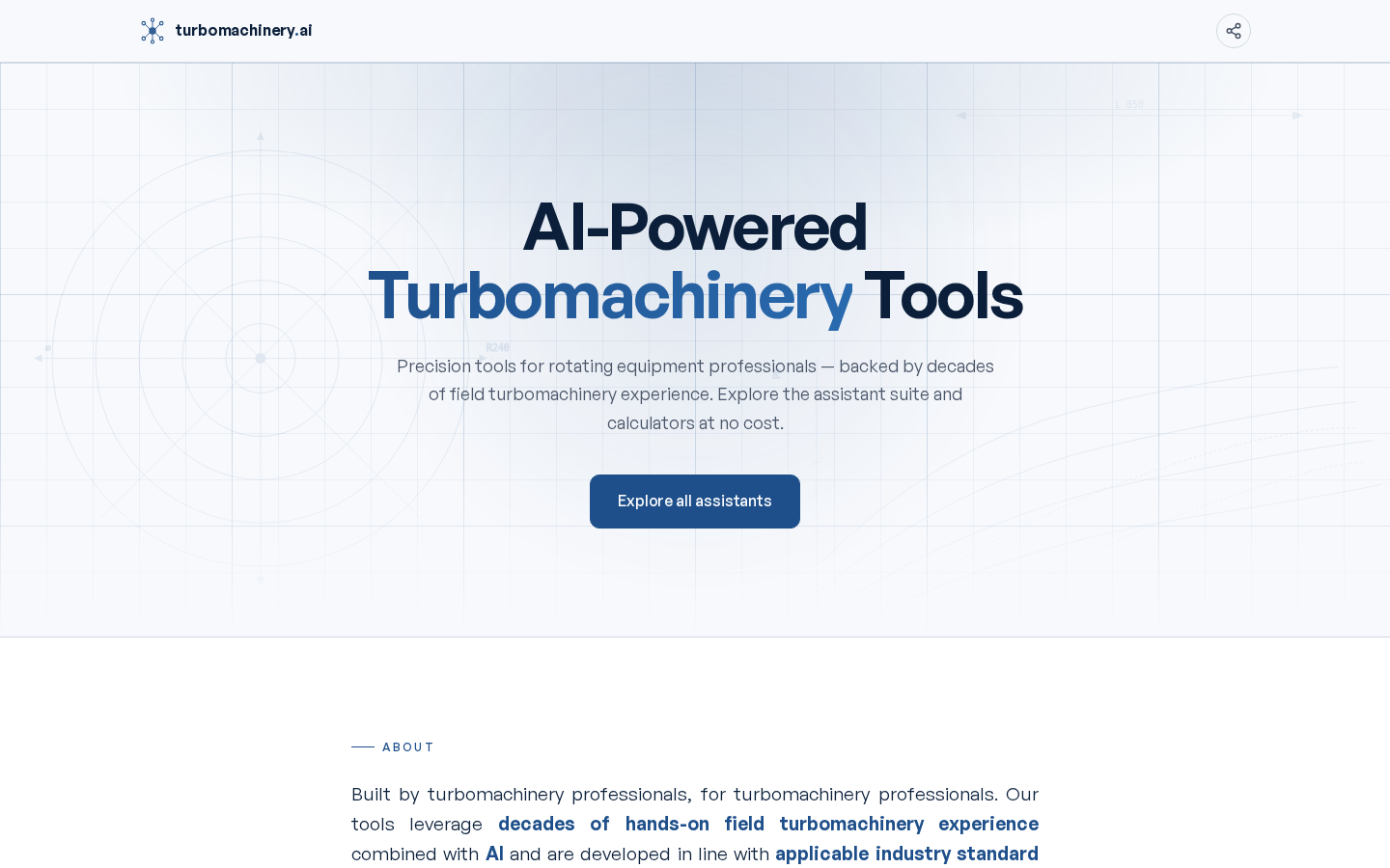 Turbomachinery.ai home page — 'AI-Powered Turbomachinery Tools' hero on an engineering-drawing grid background.
