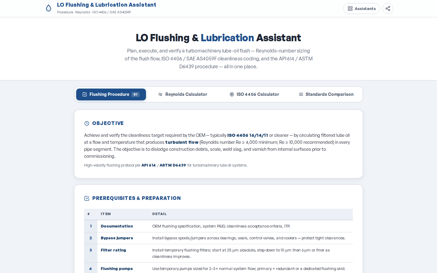 LO Flushing and Lubrication Assistant — Reynolds-number-based flushing calculator.