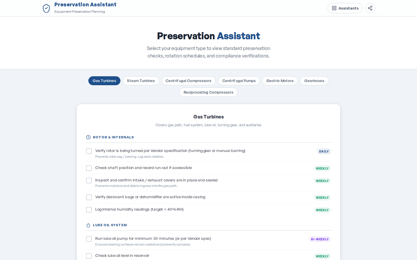 Preservation Assistant — equipment preservation planning, monitoring, and compliance tracking.